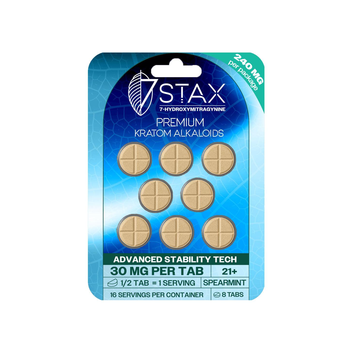 7Stax Premium Advances Kratom Alkaloid 240mg 7 hydroxymitragynine tablets - 8 Count - Spearmint Flavor