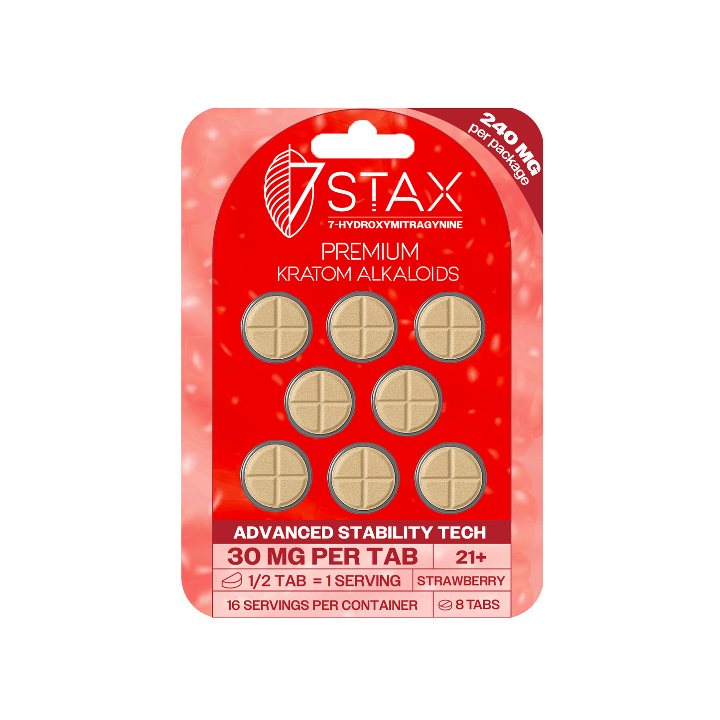 7Stax Premium Advances Kratom Alkaloid 240mg 7 hydroxymitragynine tablets - 8 Count - Strawberry Flavor