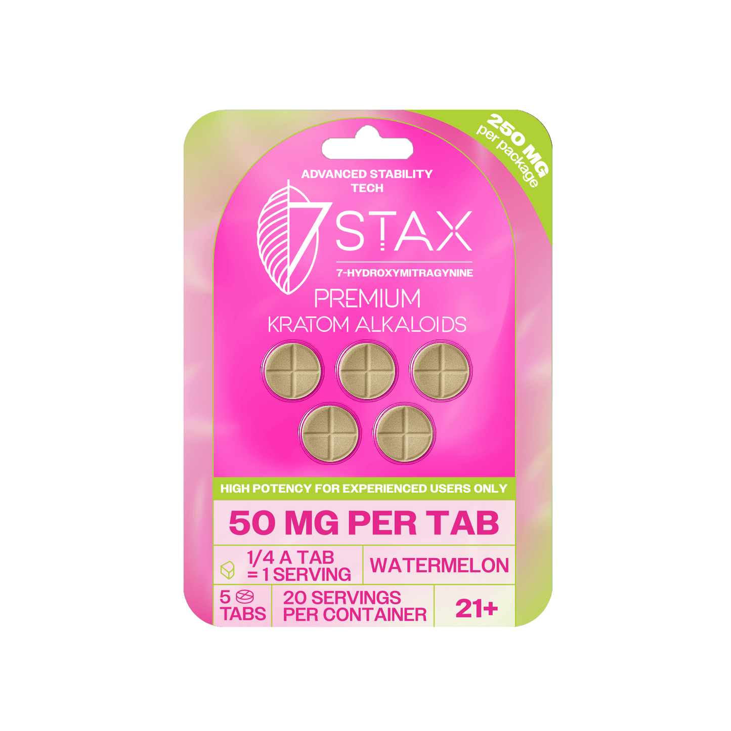 Premium 7 - OH Kratom Alkaloid Tablets (250mg - 5 Count) - Watermelon - 7Stax