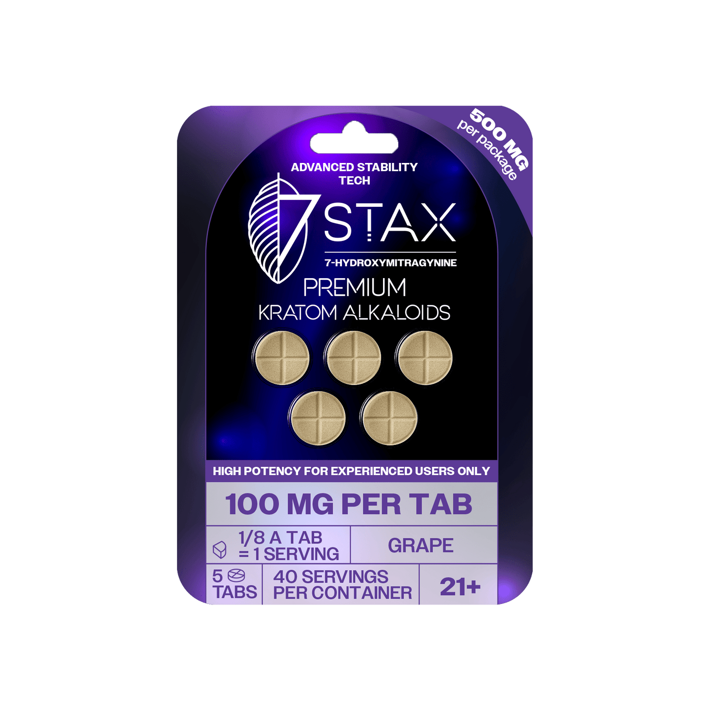 Premium 7 - OH Kratom Alkaloid Tablets (500mg - 5 Count) - Grape - 7Stax