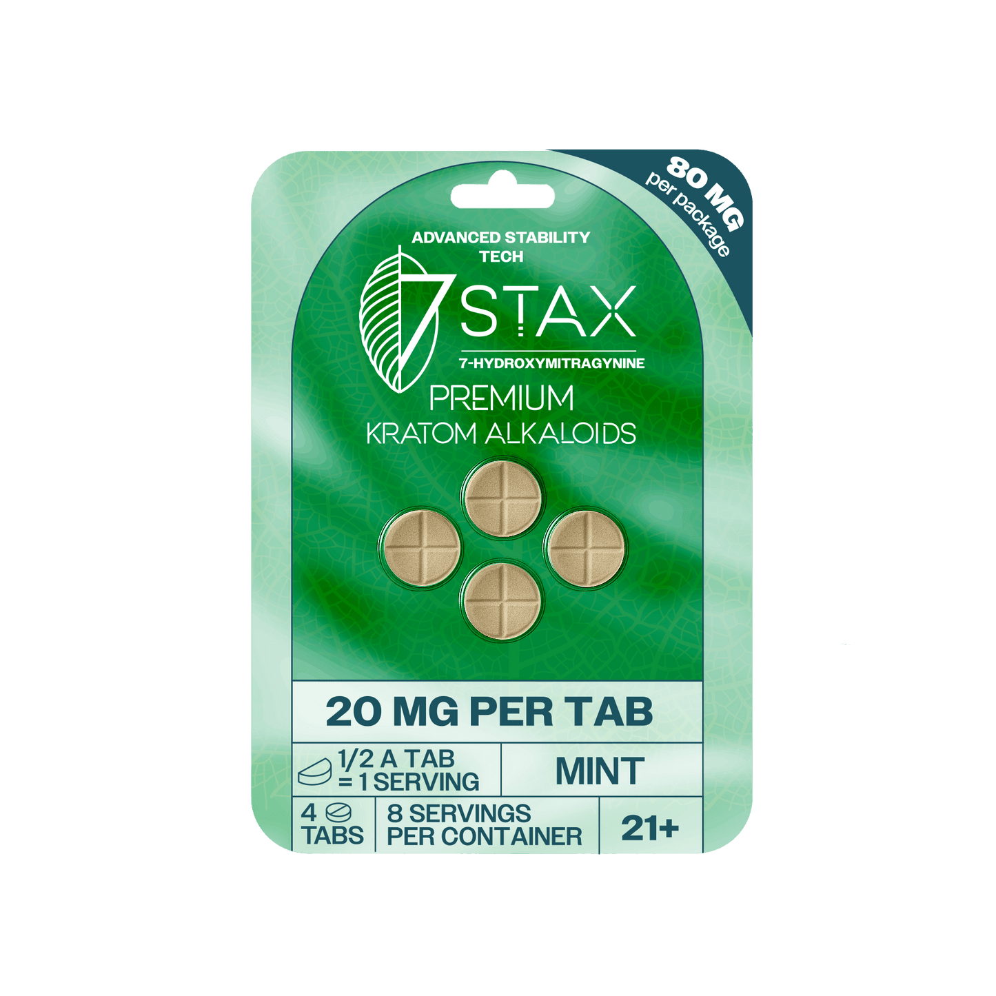 Premium 7 - OH Kratom Alkaloid Tablets (80mg - 4 Count) - Mint - 7Stax