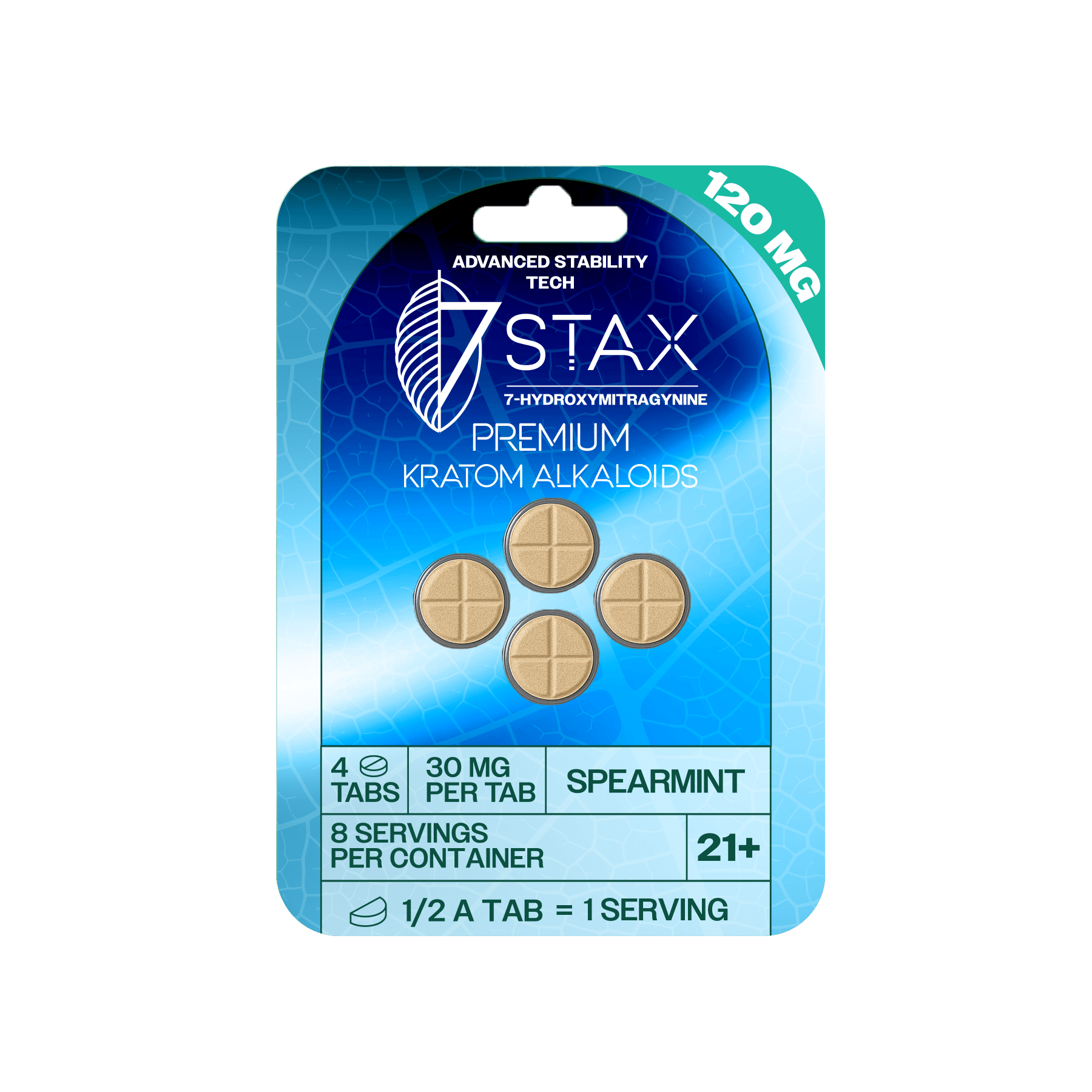 7Stax Premium Advances Kratom Alkaloid 120mg 7 hydroxymitragynine tablets - 4 Count - Spearmint Flavor