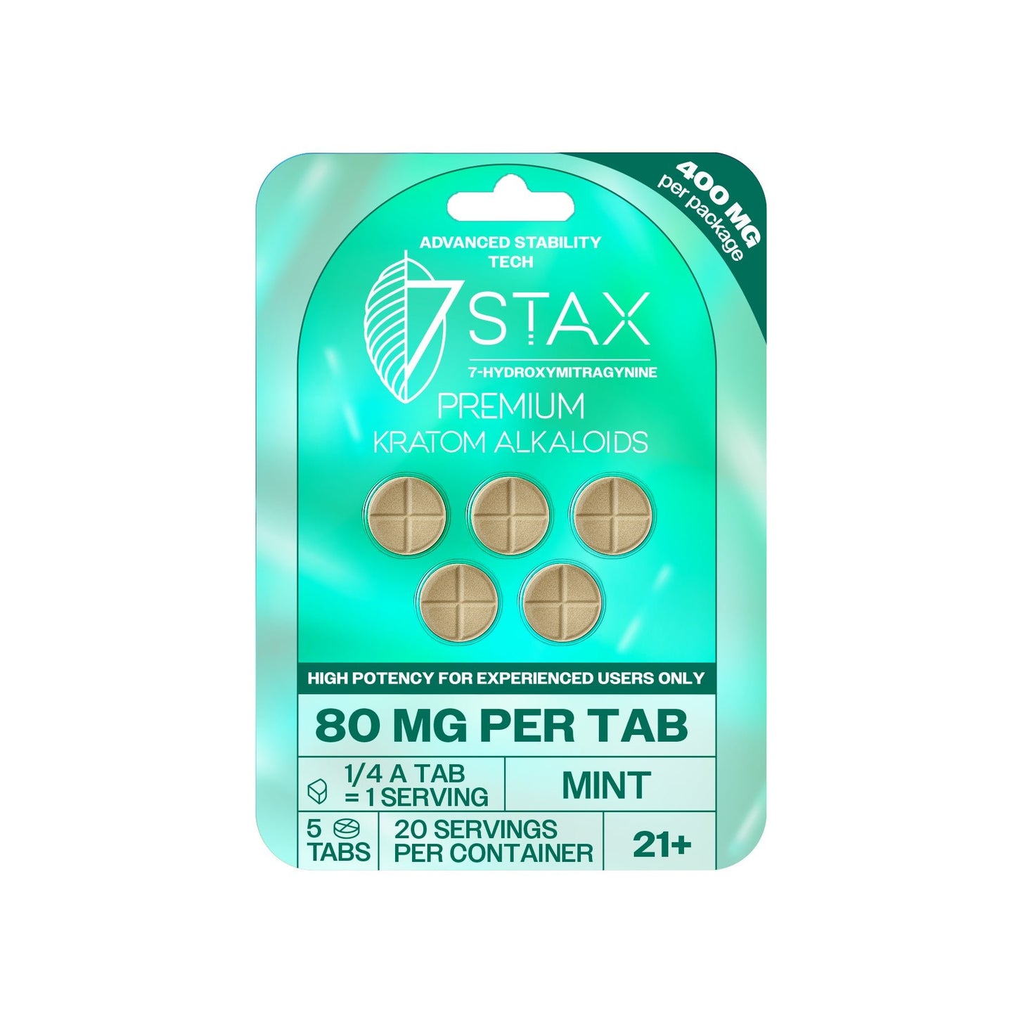 7Stax Premium Advances Kratom Alkaloid 400mg 7 hydroxymitragynine tablets - 5 Count - Mint Flavor