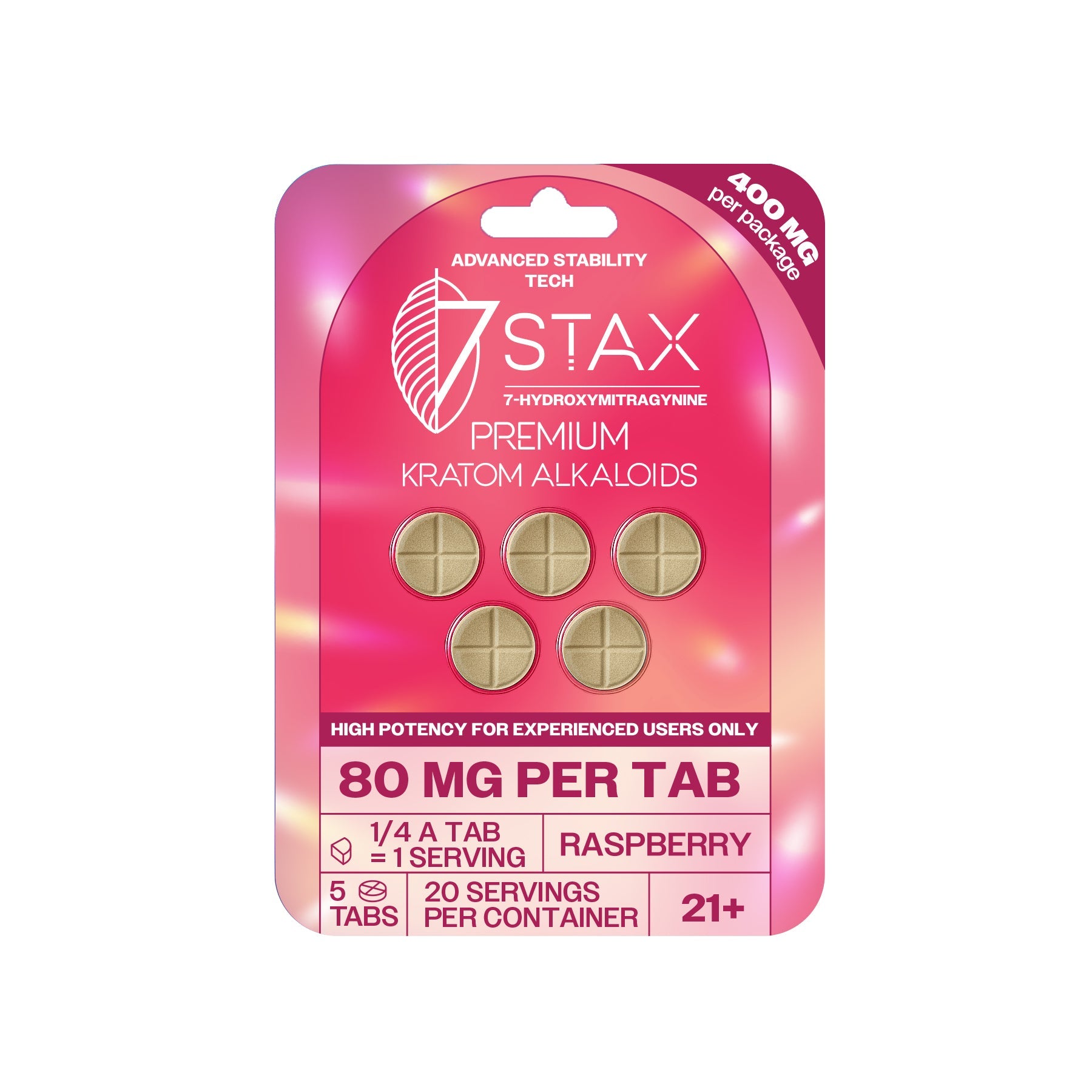 7Stax Premium Advances Kratom Alkaloid 400mg 7 hydroxymitragynine tablets - 5 Count - Raspberry Flavor