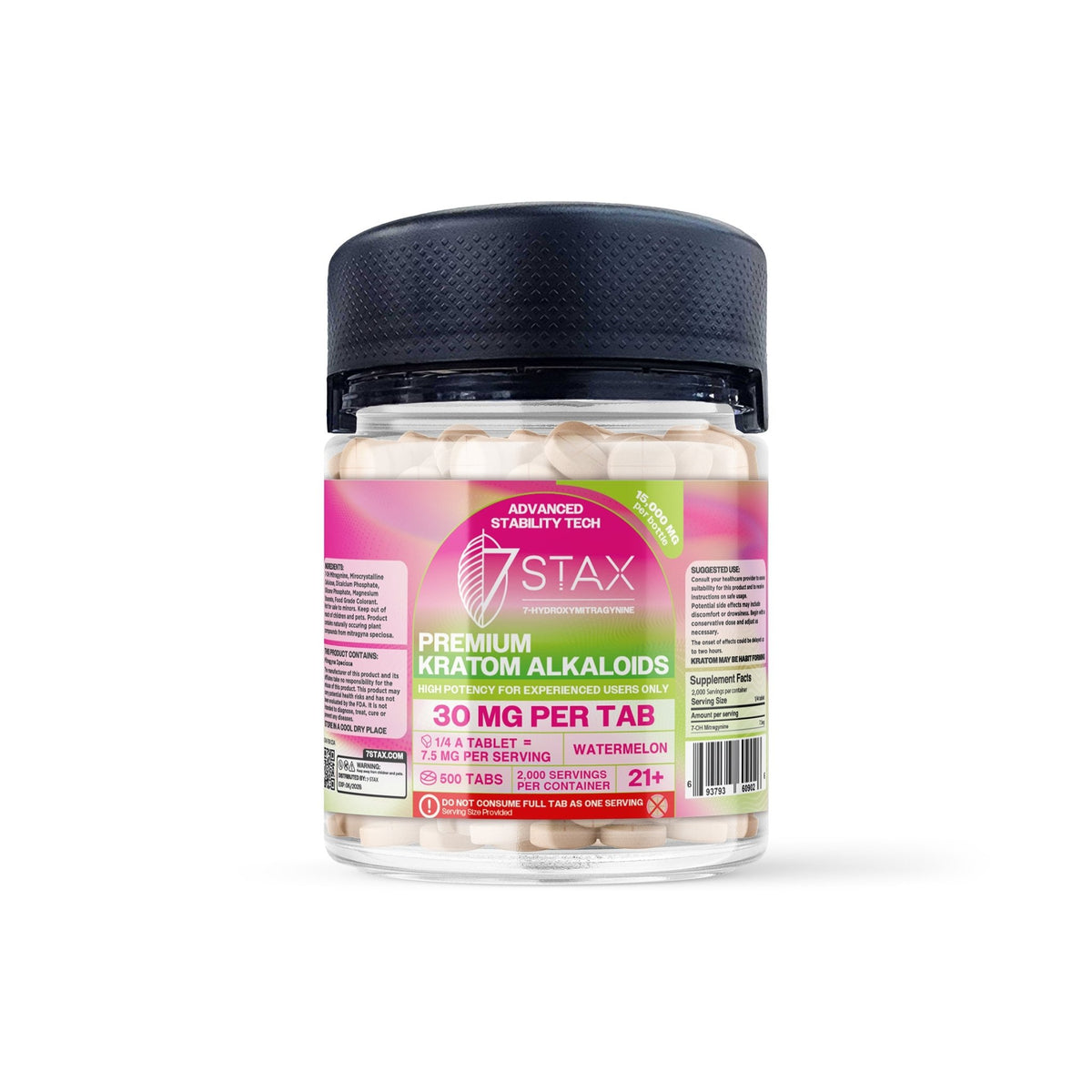 Premium 7-OH Kratom Alkaloid Tablets (15000mg - 500 Count) - Watermelon - 7Stax