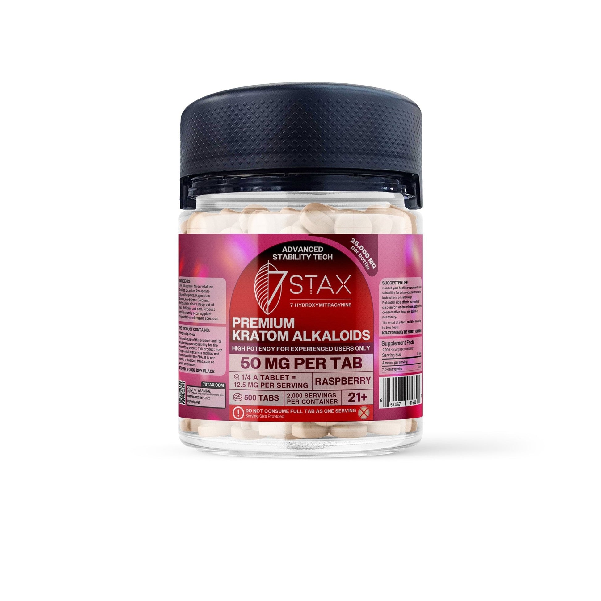 Premium 7 - OH Kratom Alkaloid Tablets (25000mg - 500 Count) - Raspberry - 7Stax