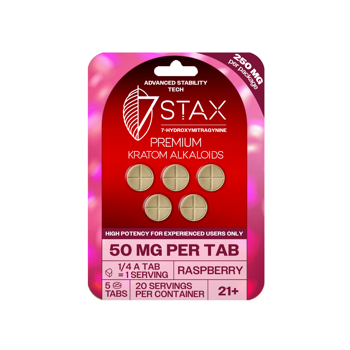 Premium 7 - OH Kratom Alkaloid Tablets (250mg - 5 Count) - Raspberry - 7Stax