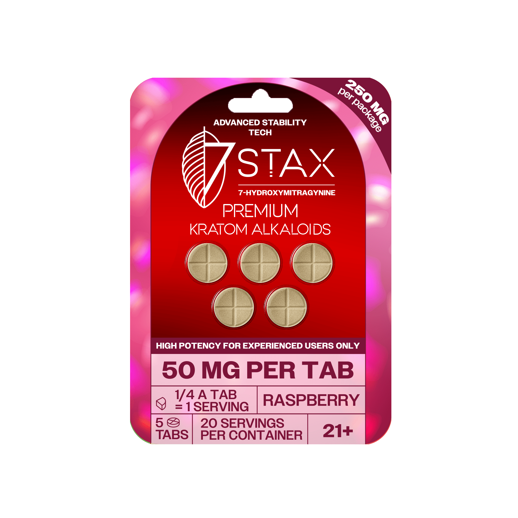 Premium 7 - OH Kratom Alkaloid Tablets (250mg - 5 Count) - Raspberry - 7Stax