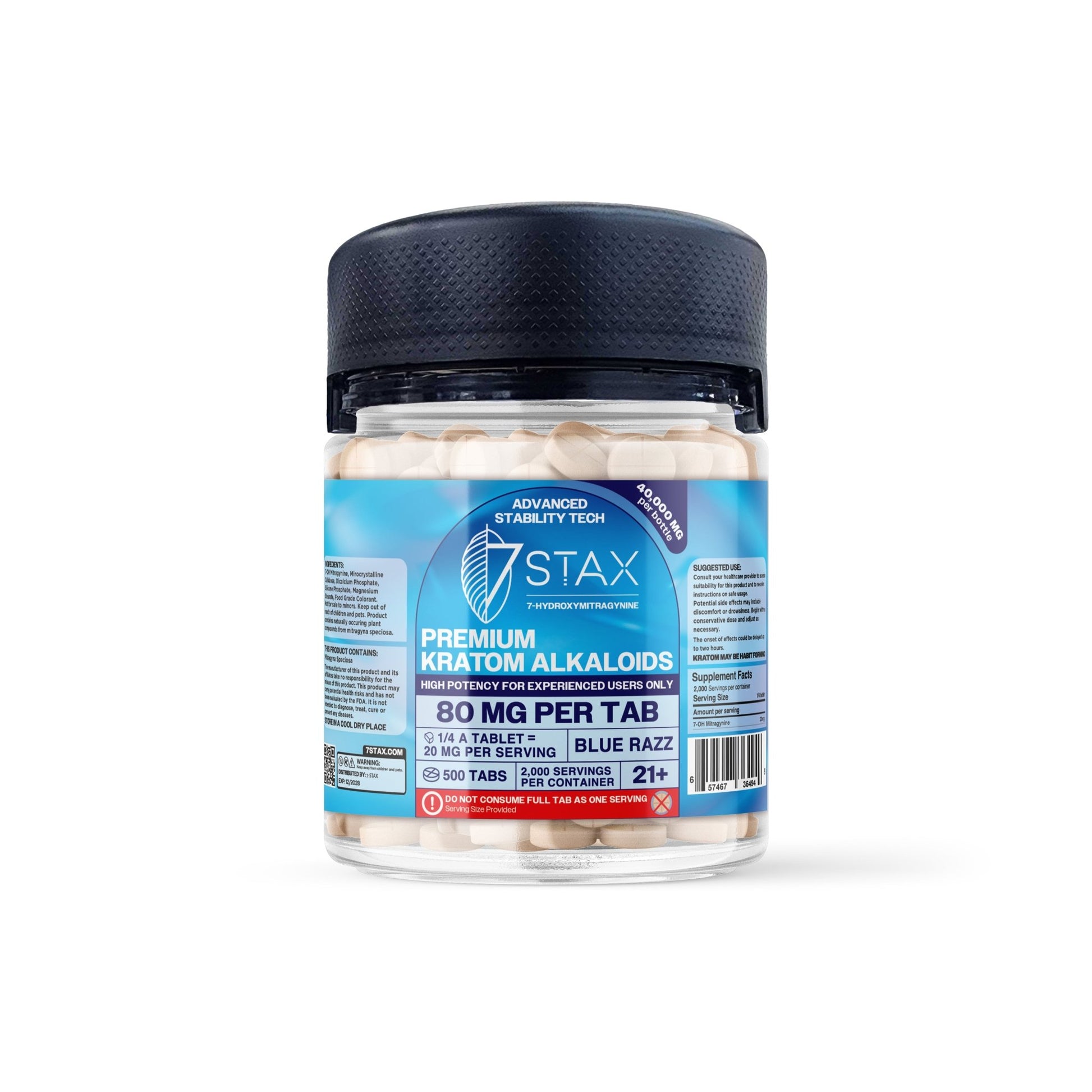 Premium 7 - OH Kratom Alkaloid Tablets (40000mg - 500 Count) - Blue Razz - 7Stax