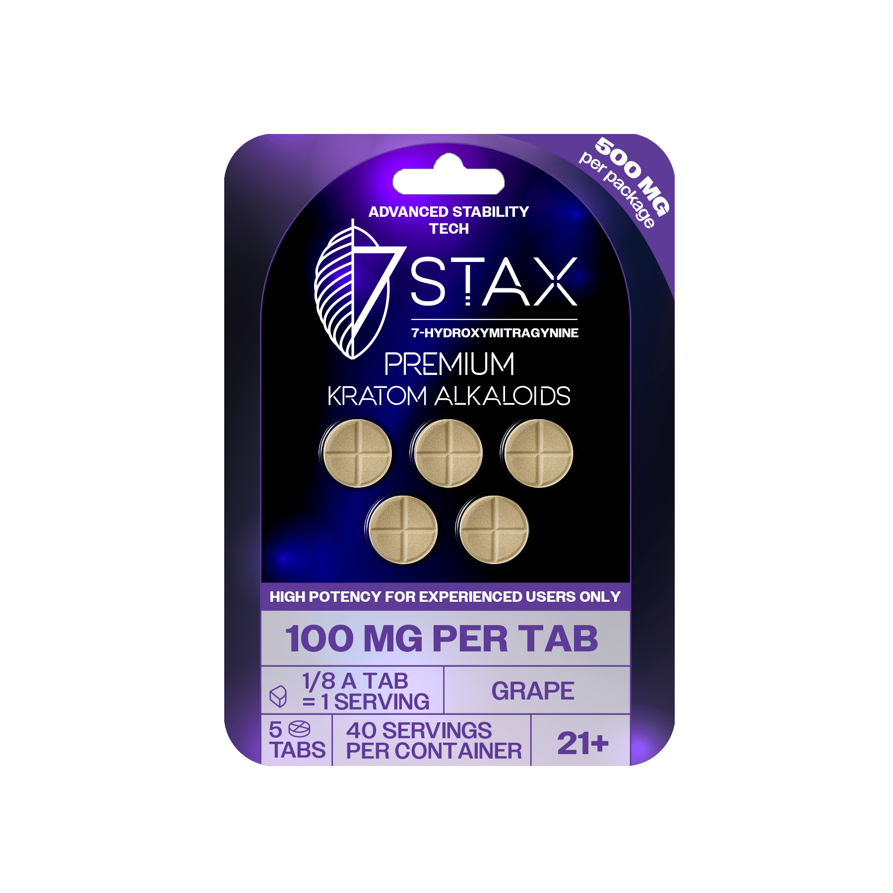Premium 7 - OH Kratom Alkaloid Tablets (500mg - 5 Count) - Grape - 7Stax