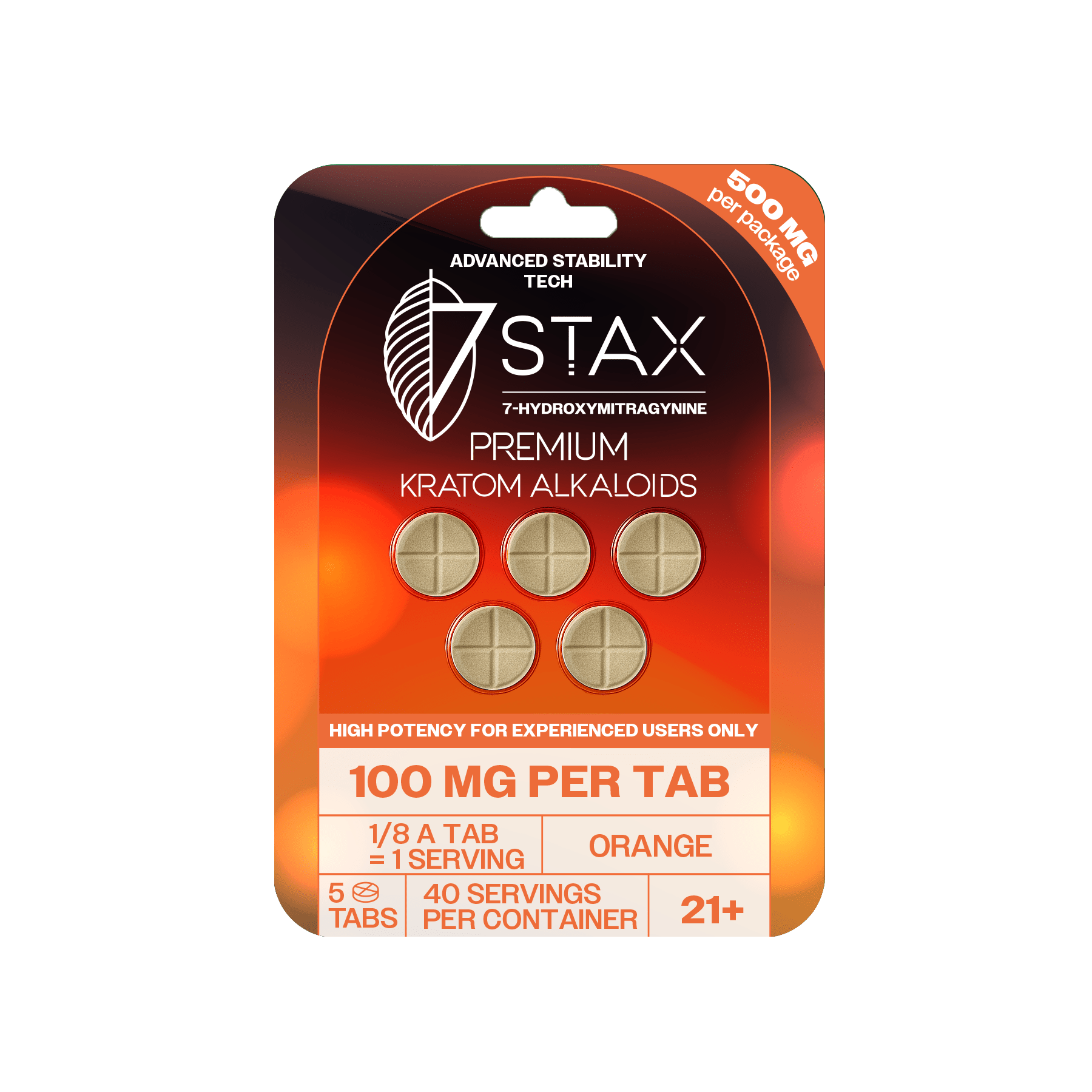 Premium 7 - OH Kratom Alkaloid Tablets (500mg - 5 Count) - Orange - 7Stax