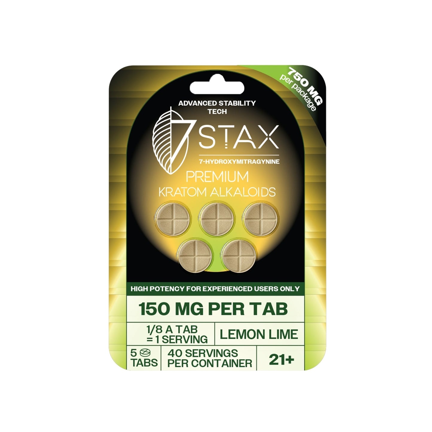 Premium 7-OH Kratom Alkaloid Tablets (750mg - 5 Count) - Lemon Lime - 7Stax