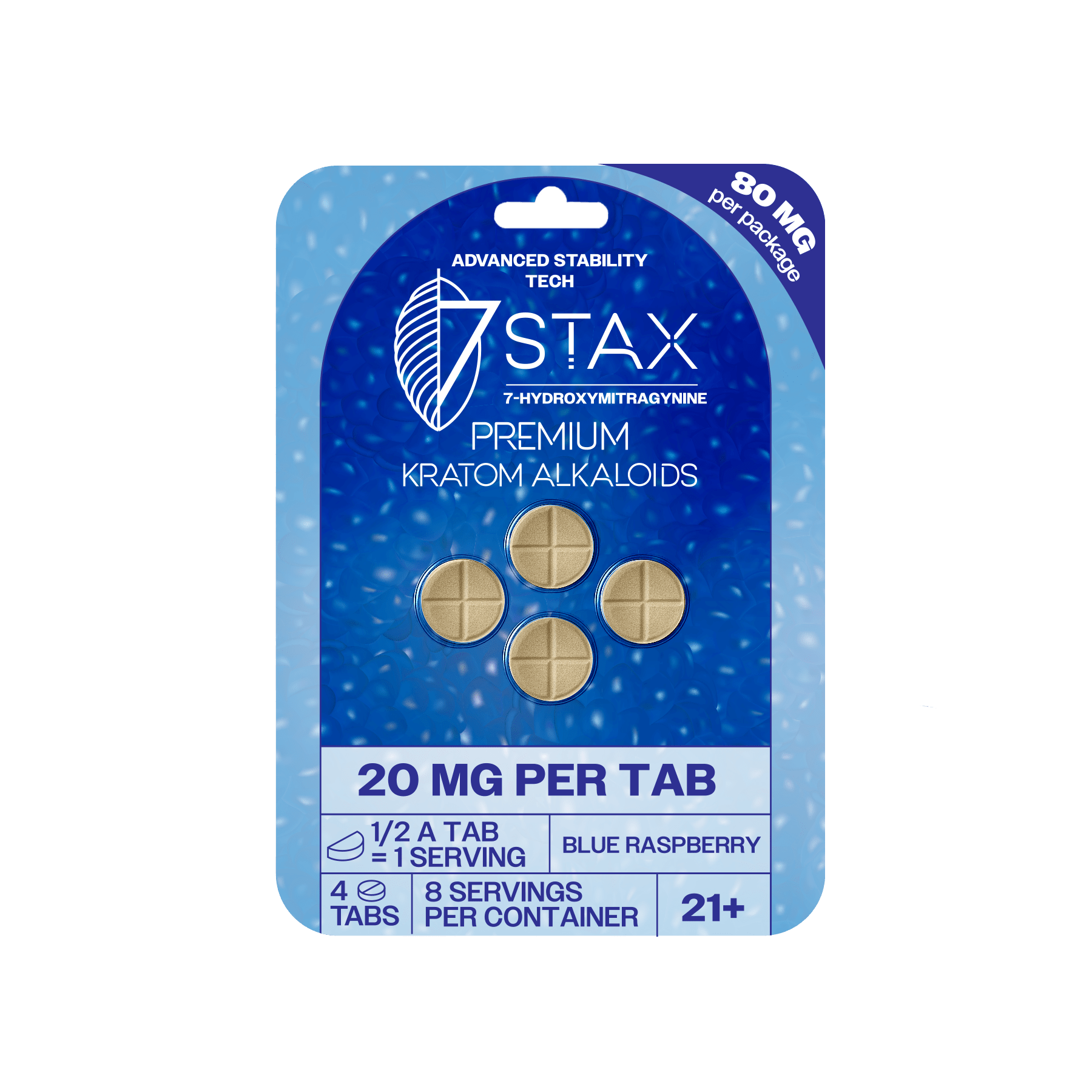 Premium 7 - OH Kratom Alkaloid Tablets (80mg - 4 Count) - Blue Raspberry - 7Stax