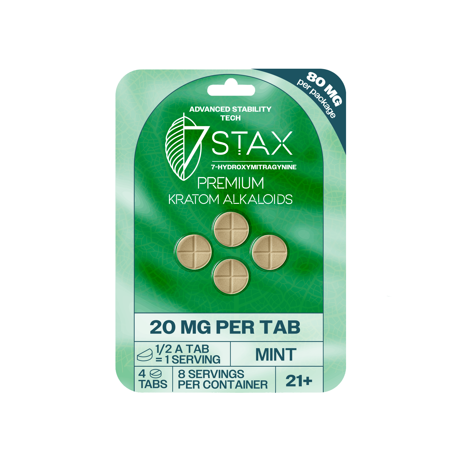 Premium 7 - OH Kratom Alkaloid Tablets (80mg - 4 Count) - Mint - 7Stax